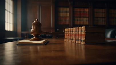 Image of a gavel and law books sitting on a desk in a courtroom.