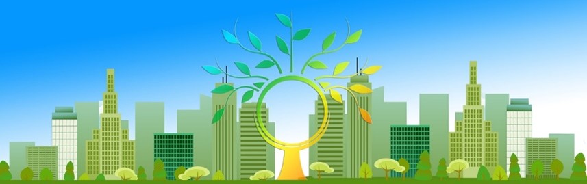 An animated image of a city scape with a golden emblem representing green sustainability initiatives.